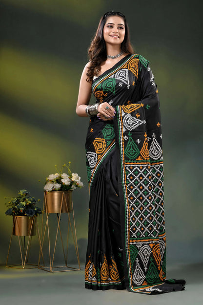 Black kutch embroidery silk saree with multi-thread paisley design 6