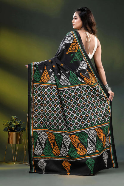 Black kutch embroidery silk saree with multi-thread paisley design 4