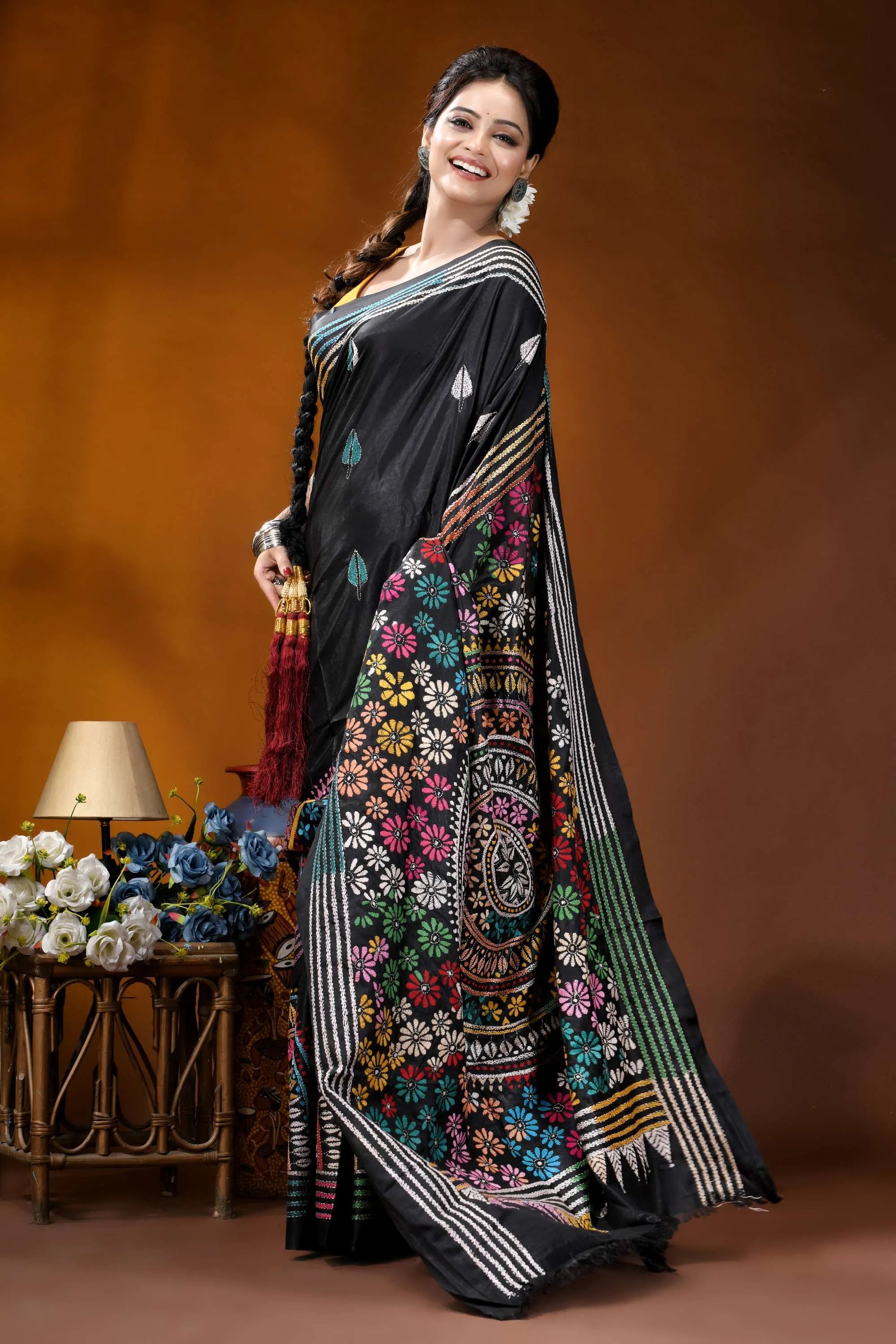 Black mandala multithread floral handcrafted kantha embroidery silk saree black silk saree vibrant floral 4