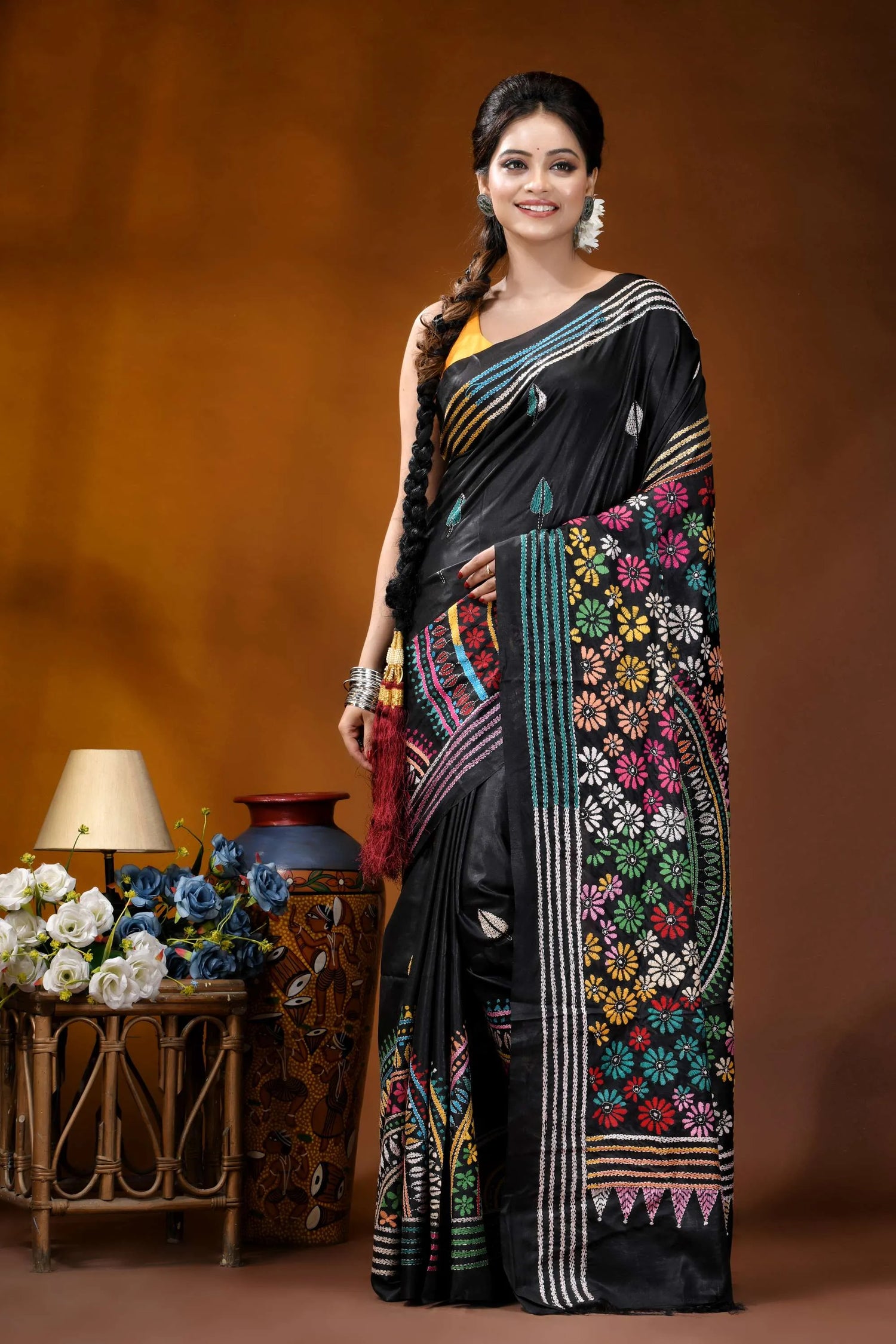 Black mandala multithread floral handcrafted kantha embroidery silk saree black silk saree vibrant multicolored 6