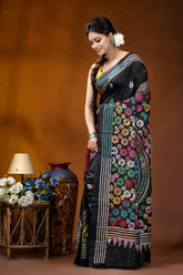 Black mandala multithread floral handcrafted kantha embroidery silk saree black saree vibrant multicolored floral 3