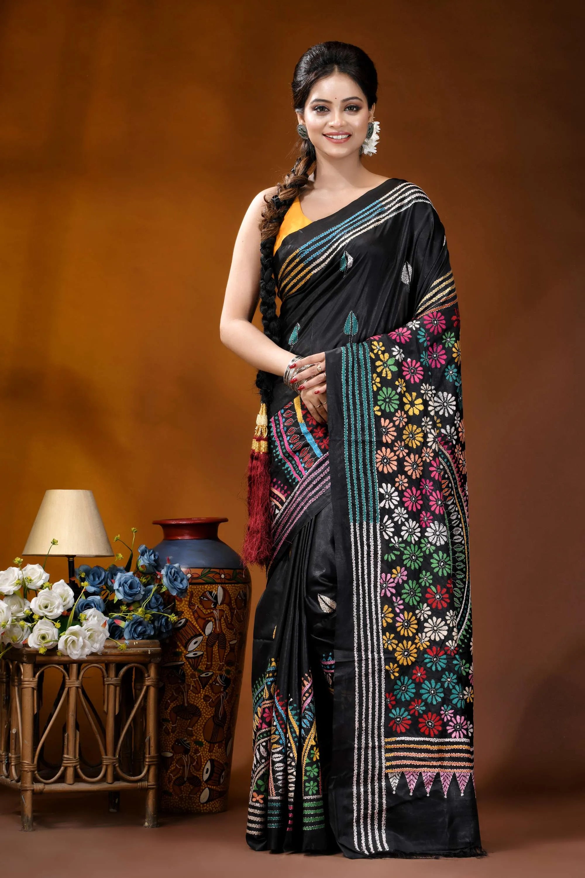 Black mandala multithread floral handcrafted kantha embroidery silk saree black silk saree vibrant floral 1