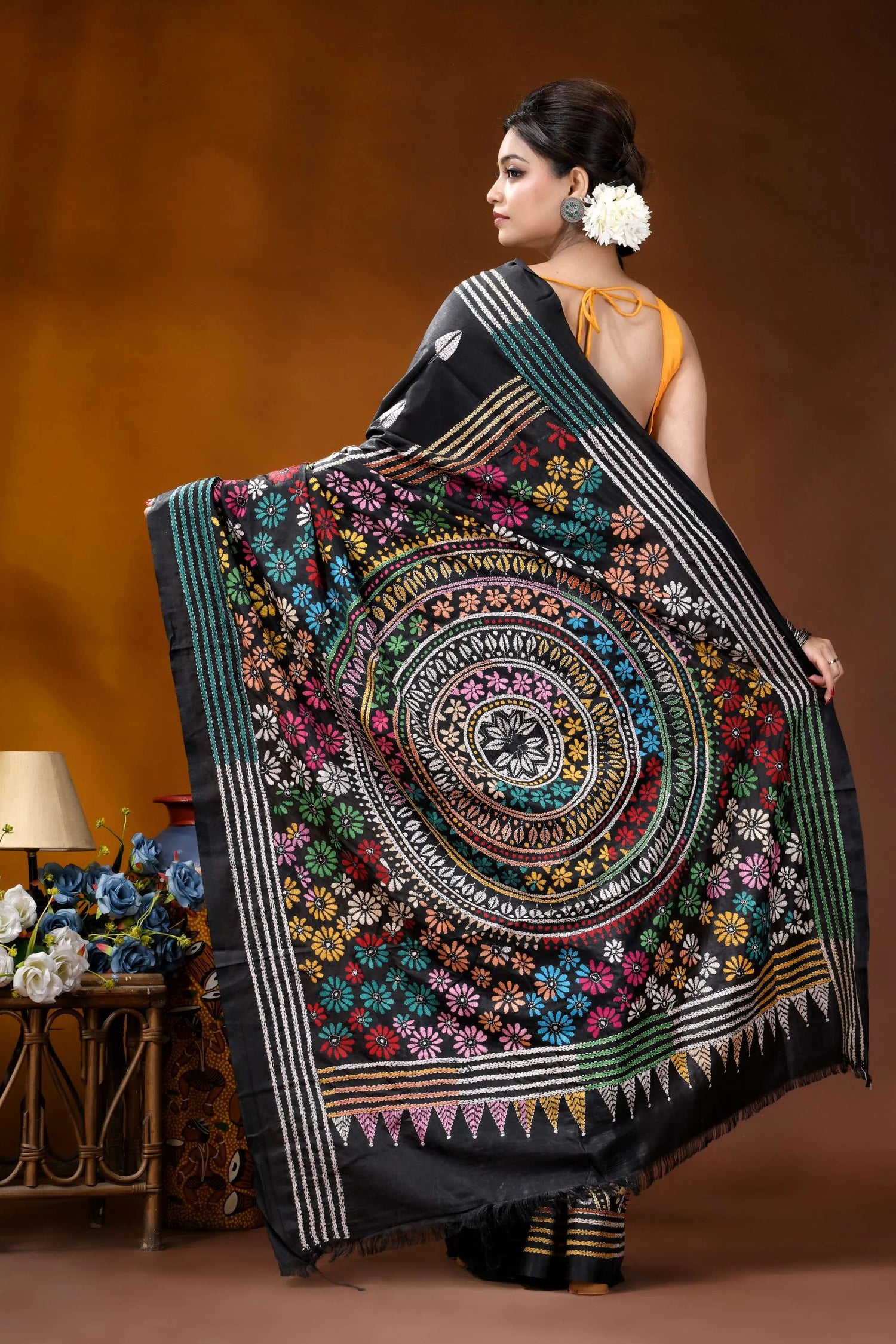 Black mandala multithread floral handcrafted kantha embroidery silk saree black silk saree intricate multicolored 5