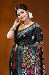 Black mandala multithread floral handcrafted kantha embroidery silk saree black silk saree vibrant floral 2
