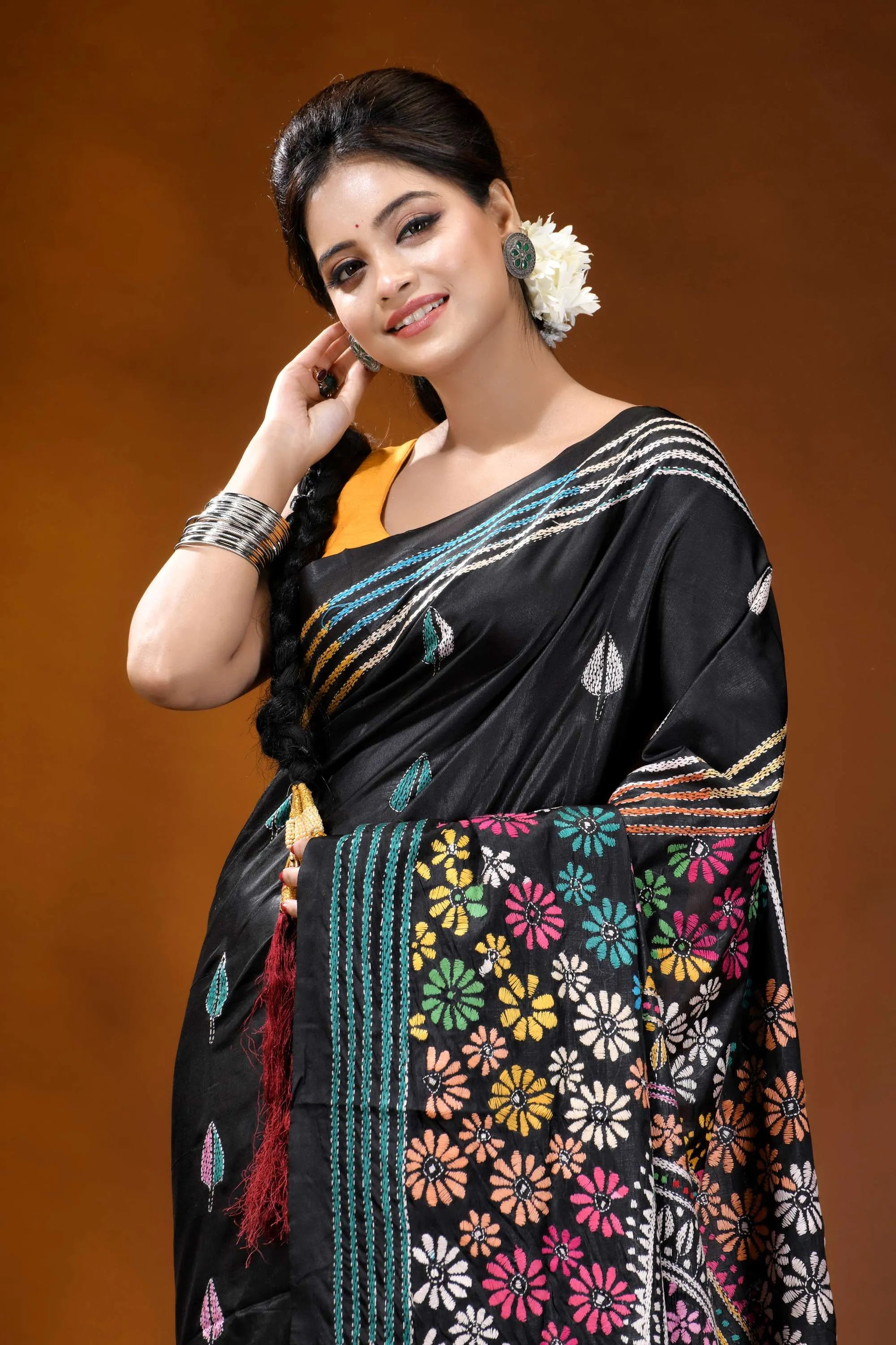 Black mandala multithread floral handcrafted kantha embroidery silk saree black silk saree vibrant floral 2