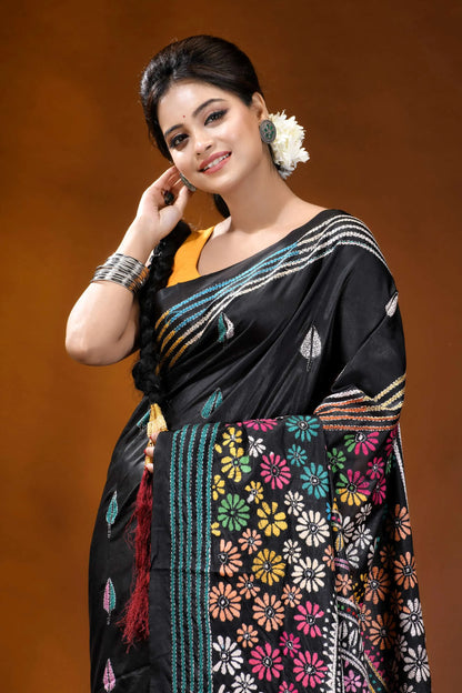 Black mandala multithread floral handcrafted kantha embroidery silk saree black silk saree vibrant floral 2