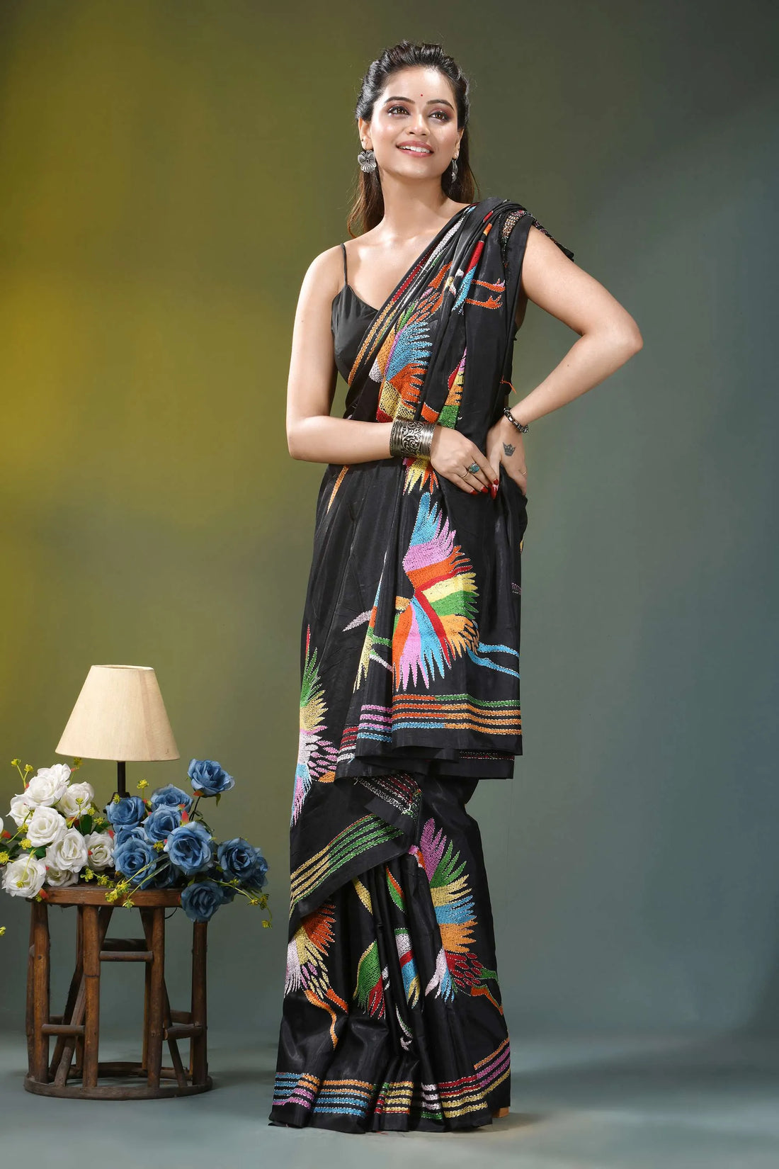 Black multicolor heron design kantha stitch silk saree black saree vibrant multicolored feather-like 2