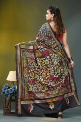 Black multicolor thread handcrafted ethnic silk kantha saree intricate floral 4