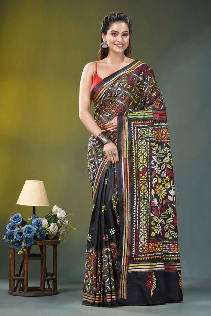 Black multicolor thread handcrafted ethnic silk kantha saree intricate multicolored embroidery 1