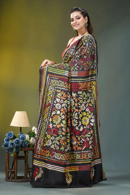 Black multicolor thread handcrafted ethnic silk kantha saree intricate floral 3