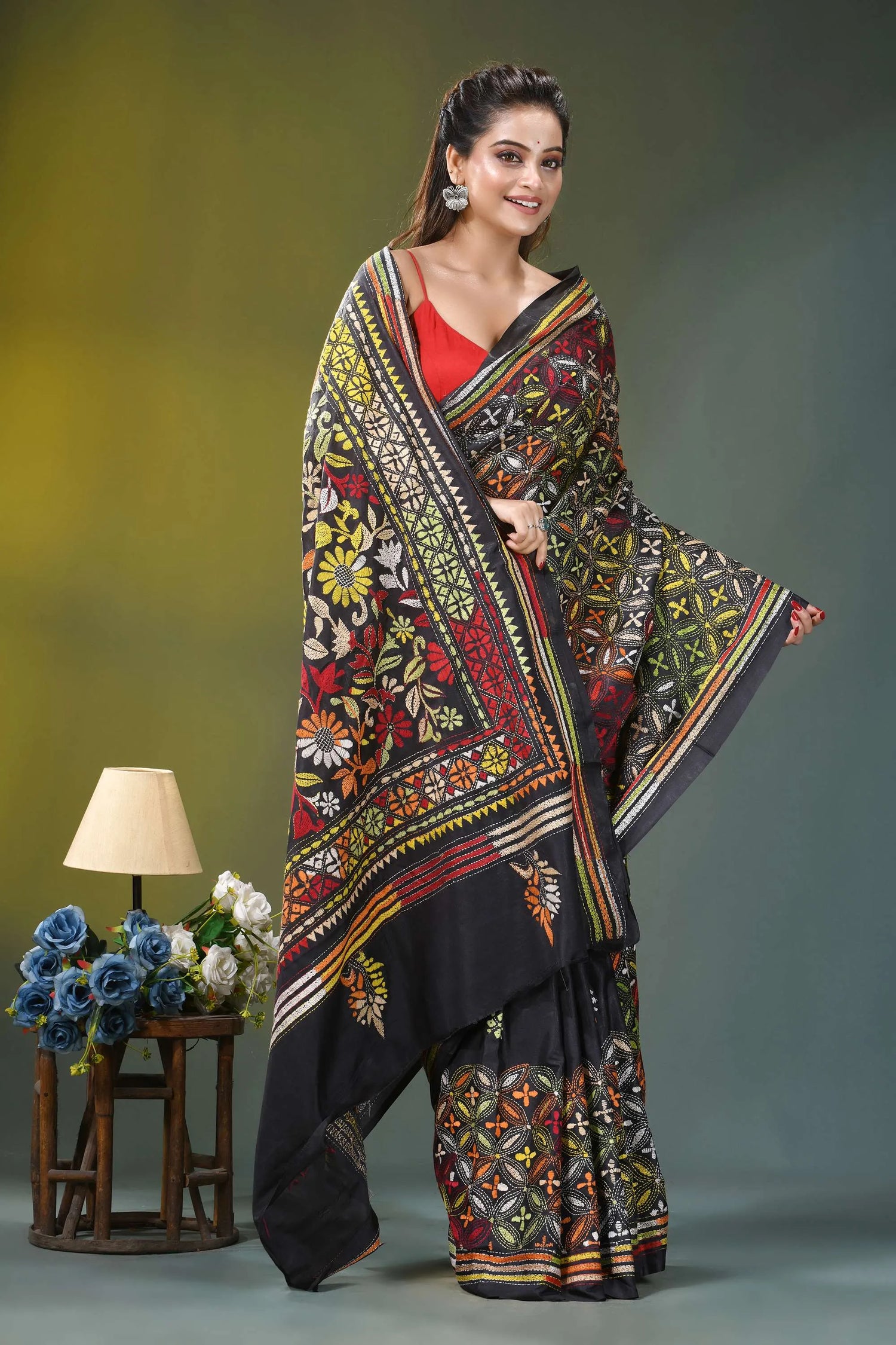 Black multicolor thread handcrafted ethnic silk kantha saree intricate floral geometric 5
