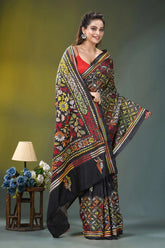 Black multicolor thread handcrafted ethnic silk kantha saree intricate floral geometric 5