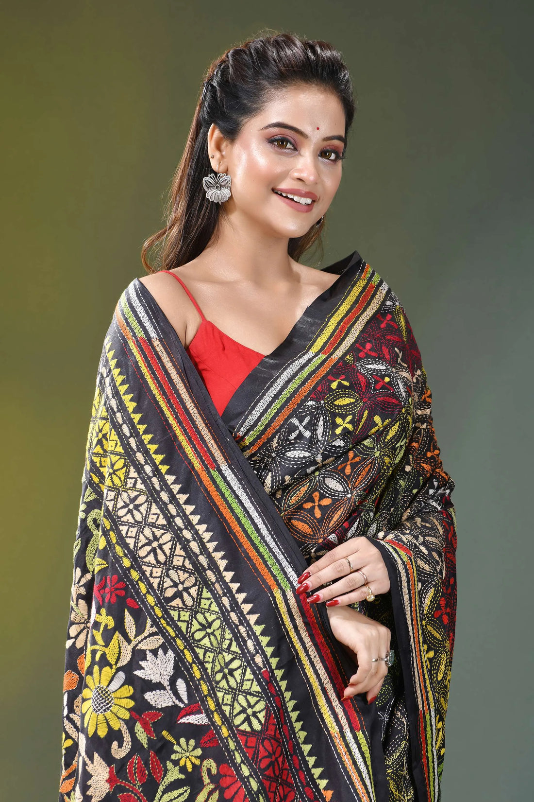 Black multicolor thread handcrafted ethnic silk kantha saree vibrant black saree intricate floral 2