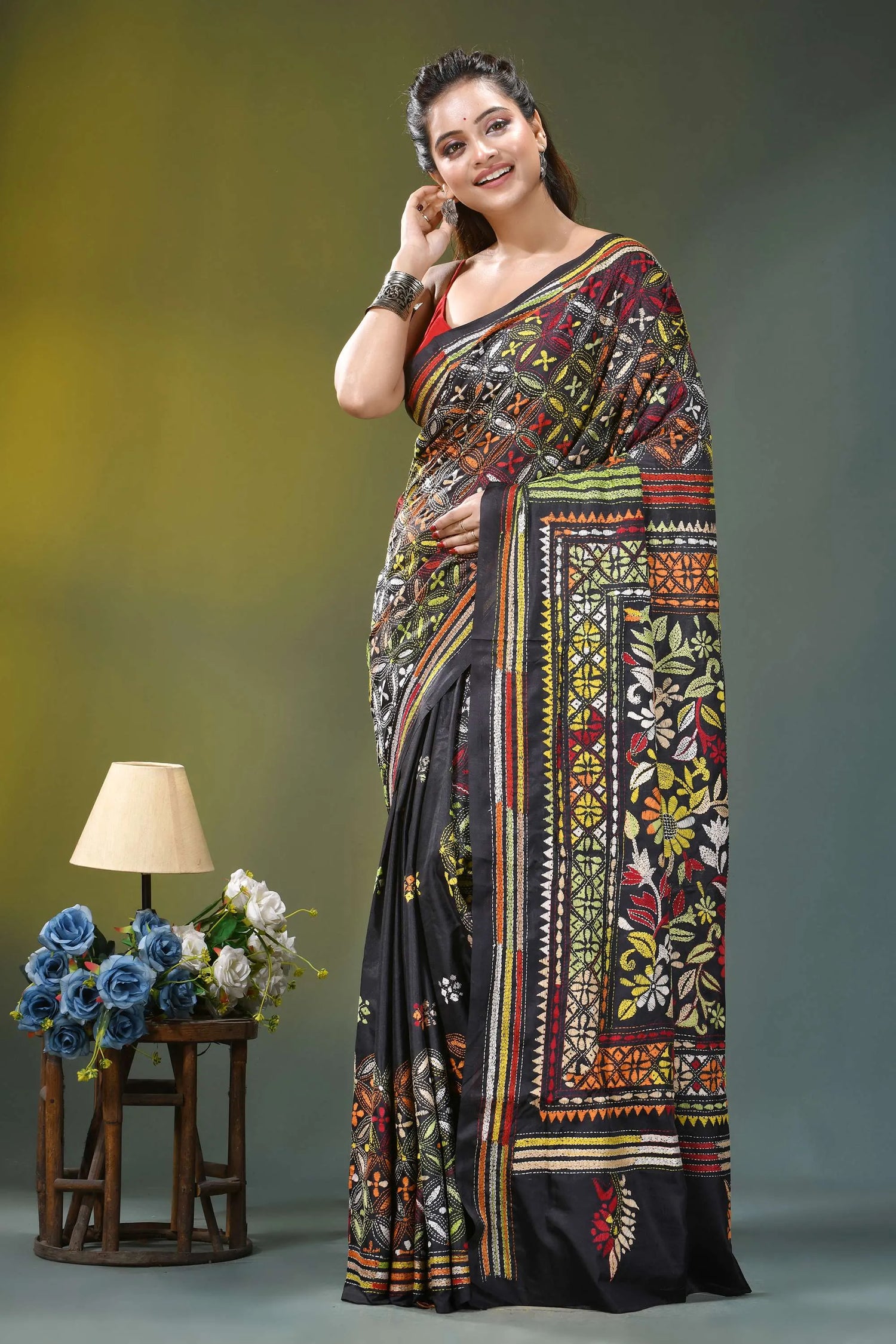 Black multicolor thread handcrafted ethnic silk kantha saree intricate multicolored embroidery 6