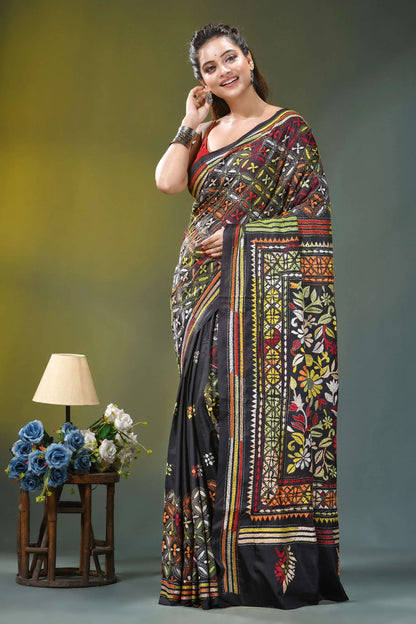 Black multicolor thread handcrafted ethnic silk kantha saree intricate multicolored embroidery 6