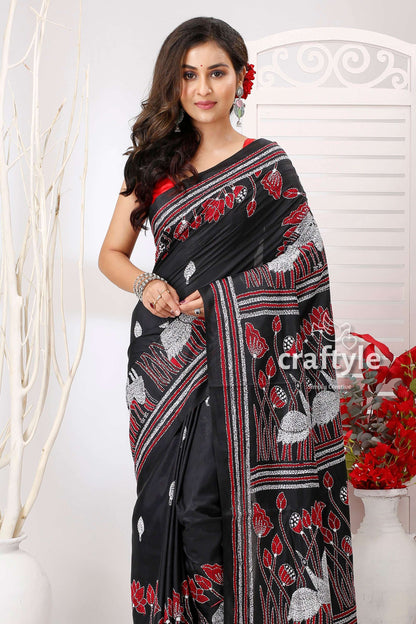 Black Paprika Red Flying Bird Themed Silk Kantha Saree - Craftyle