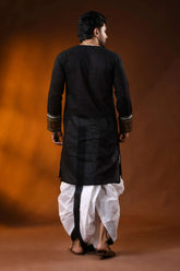 Black pure cotton men’s punjabi with fish motif kantha embroidery 5