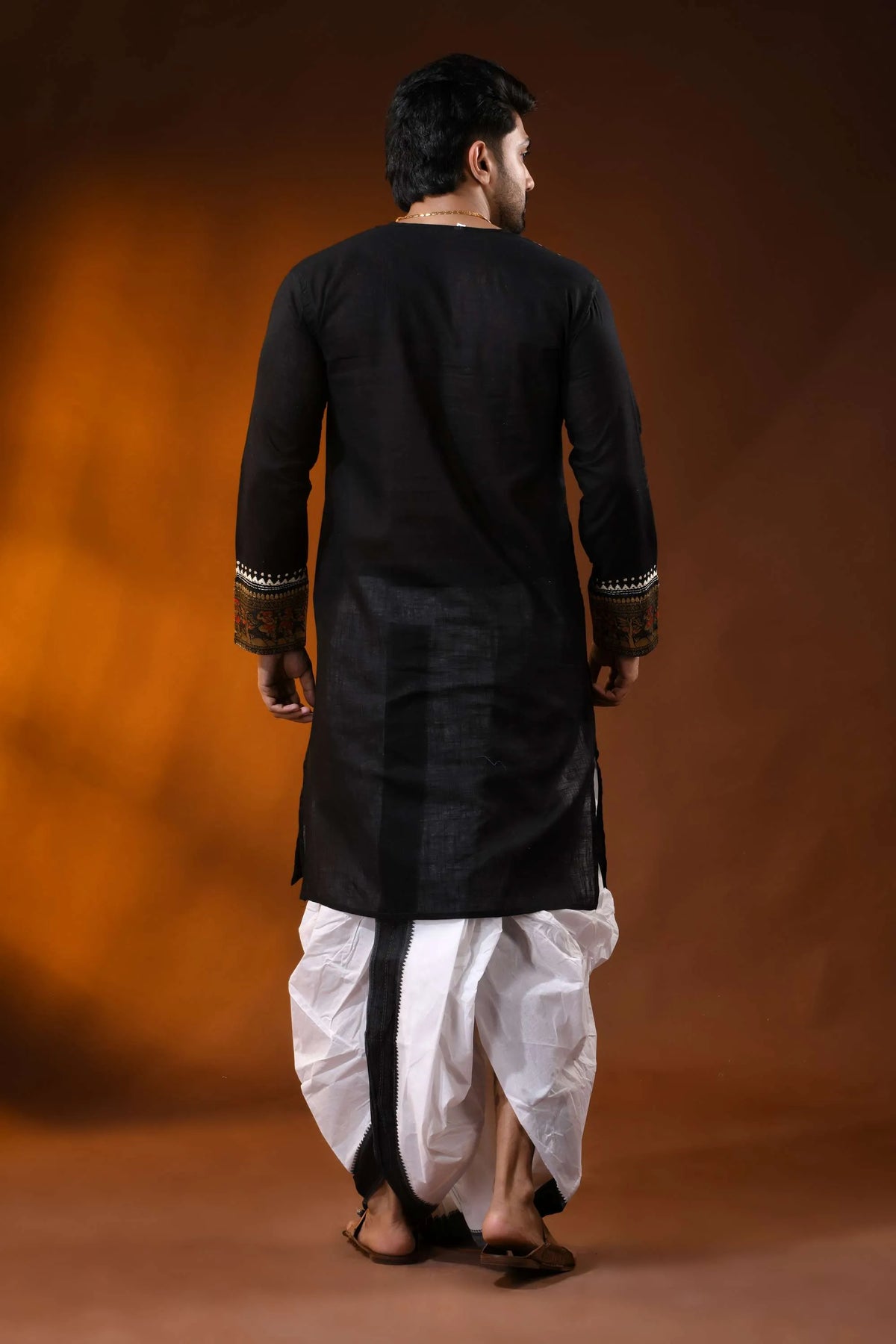 Black pure cotton men’s punjabi with fish motif kantha embroidery 5