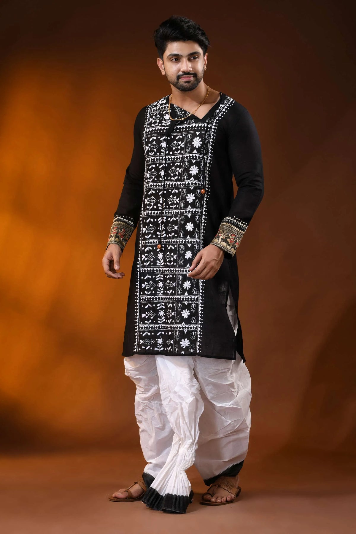 Black pure cotton men’s punjabi with fish motif kantha embroidery 3