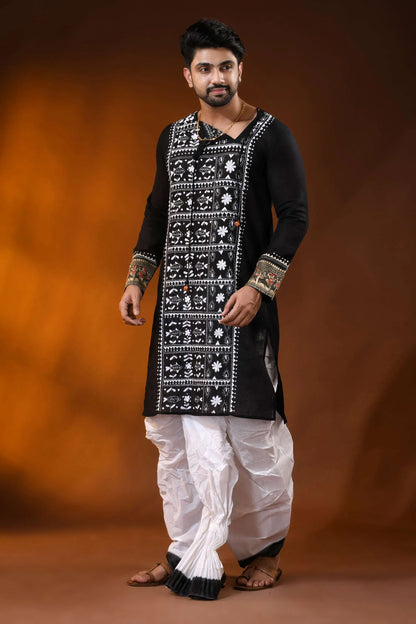 Black pure cotton men’s punjabi with fish motif kantha embroidery 3