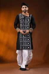 Black pure cotton men’s punjabi with fish motif kantha embroidery 6