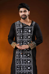 Black pure cotton men’s punjabi with fish motif kantha embroidery 2