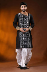 Black pure cotton men’s punjabi with fish motif kantha embroidery 1