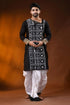 Black pure cotton men’s punjabi with fish motif kantha embroidery 1