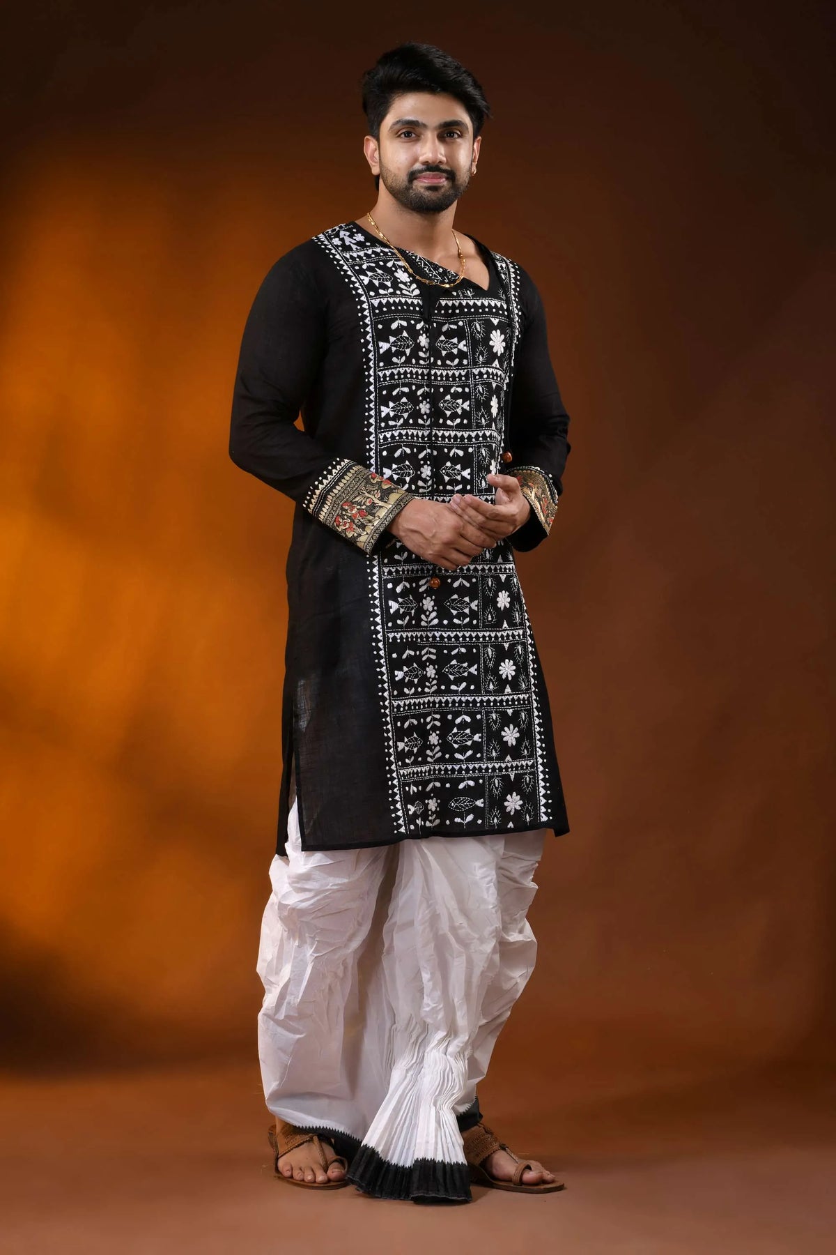 Black pure cotton men’s punjabi with fish motif kantha embroidery 4