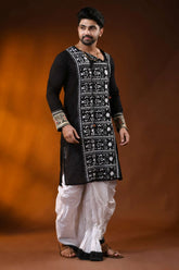 Black pure cotton men’s punjabi with fish motif kantha embroidery 7