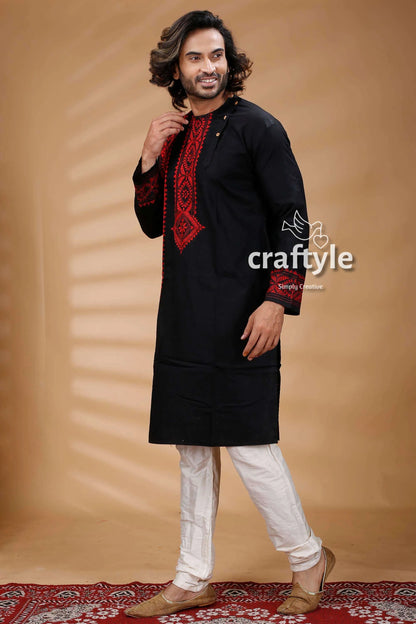 Black &amp; red kantha stitch hand embroidery gents kurta cotton intricate 3