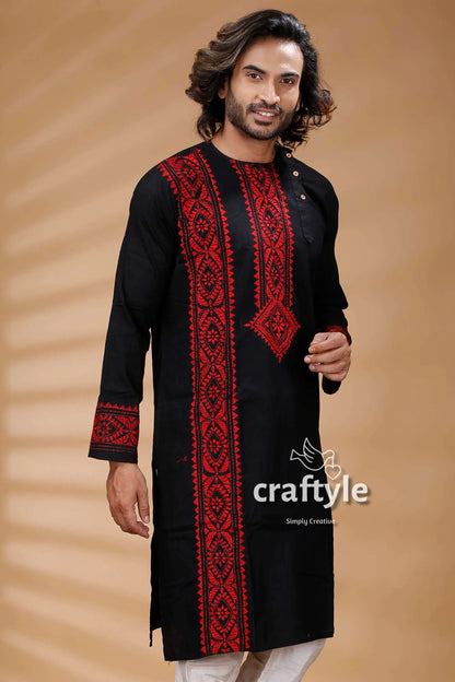 Black &amp; red kantha stitch hand embroidery gents kurta intricate 2