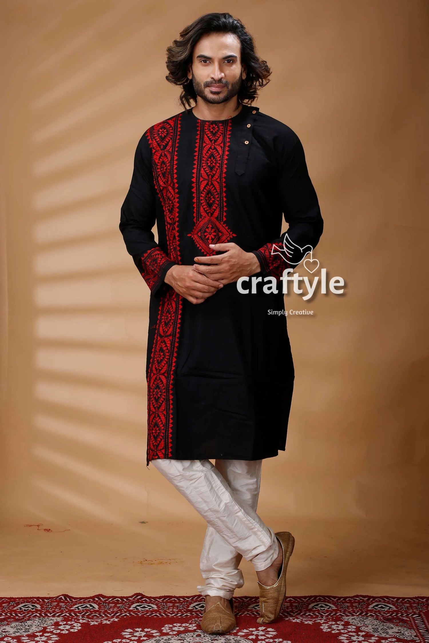 Black &amp; red kantha stitch hand embroidery gents kurta intricate 1