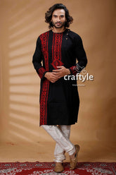 Black & red kantha stitch hand embroidery gents kurta intricate 1