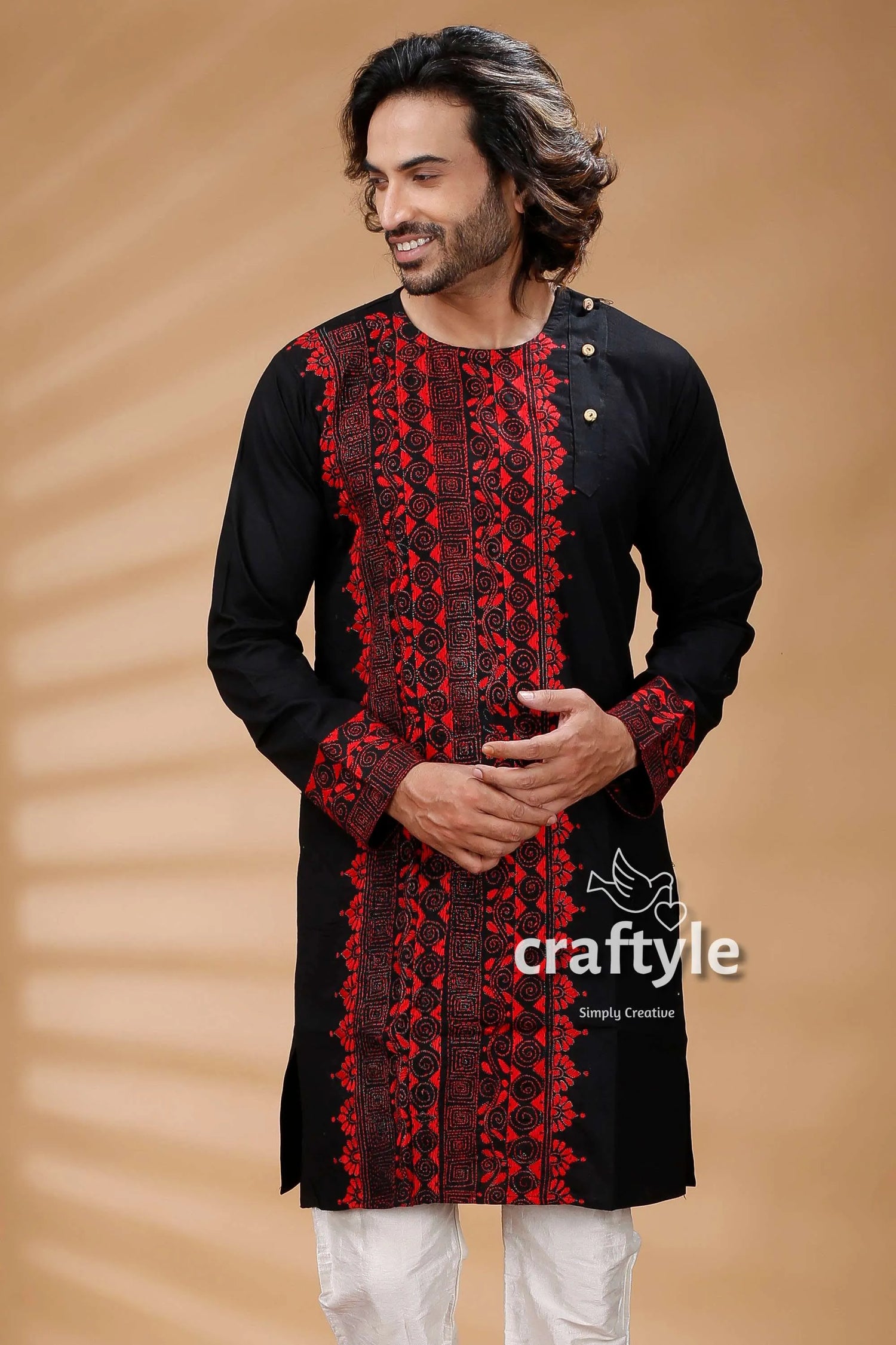 Black &amp; red kantha work hand embroidered mens cotton kurta intricate embroidery 2