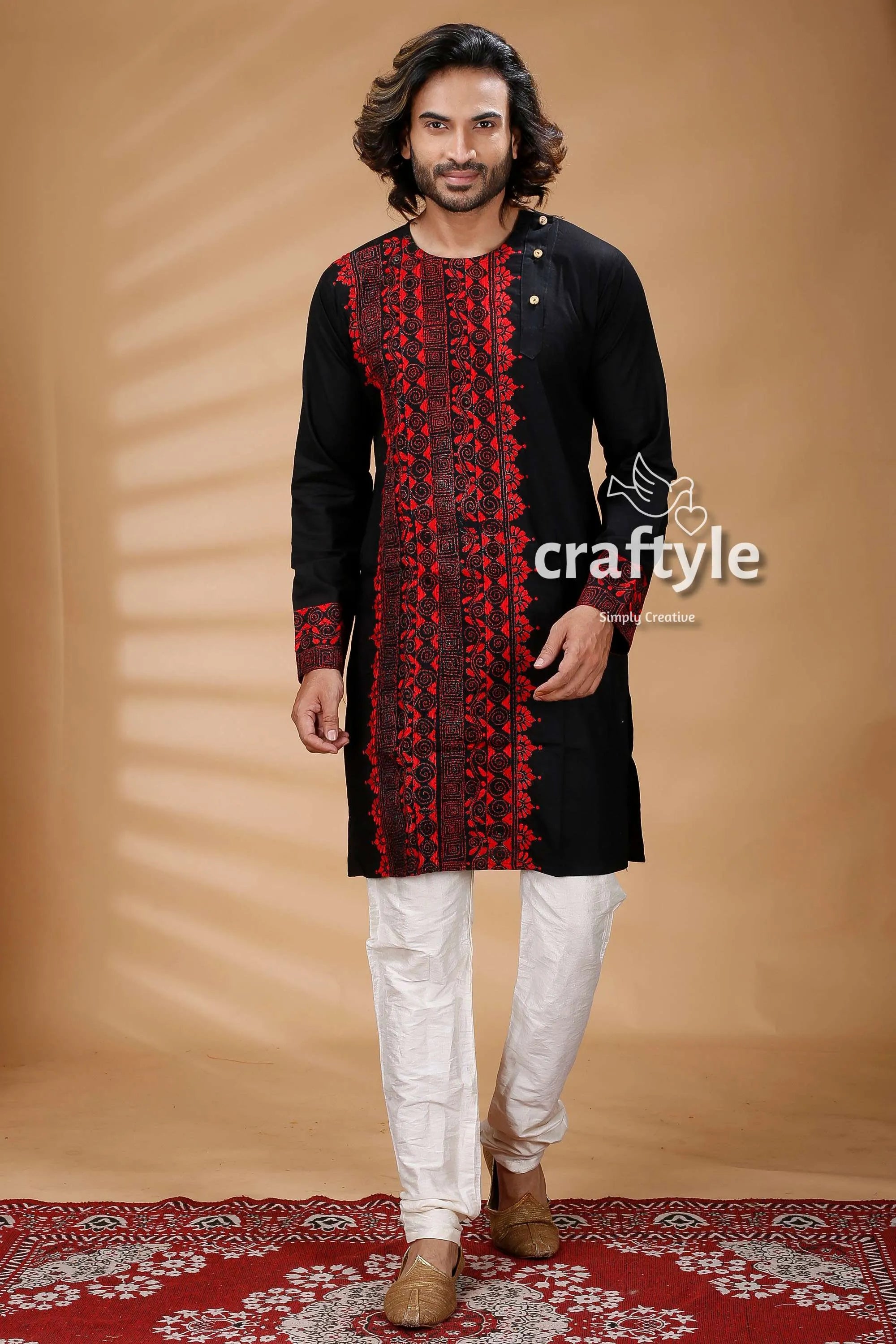 Black &amp; red kantha work hand embroidered mens cotton kurta intricate embroidery 1