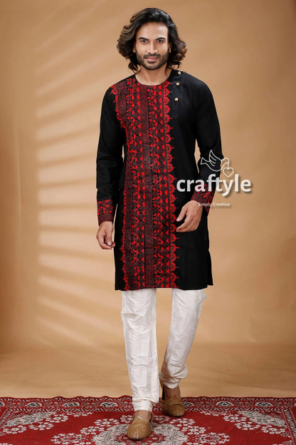 Black &amp; red kantha work hand embroidered mens cotton kurta intricate embroidery 1