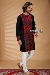 Black & red kantha work hand embroidered mens cotton kurta intricate embroidery 3