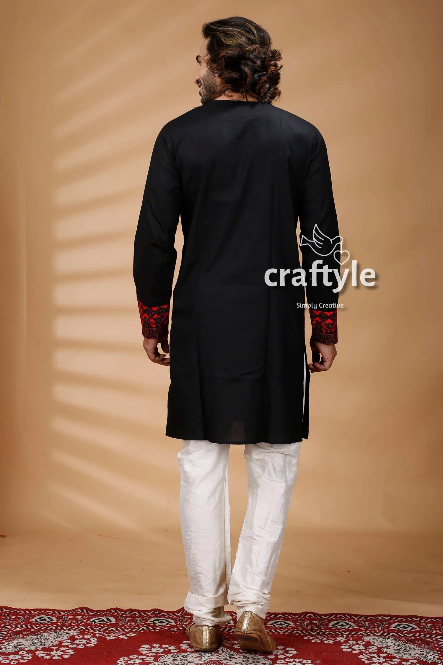 Black &amp; red kantha work hand embroidered mens cotton kurta cuffs 4