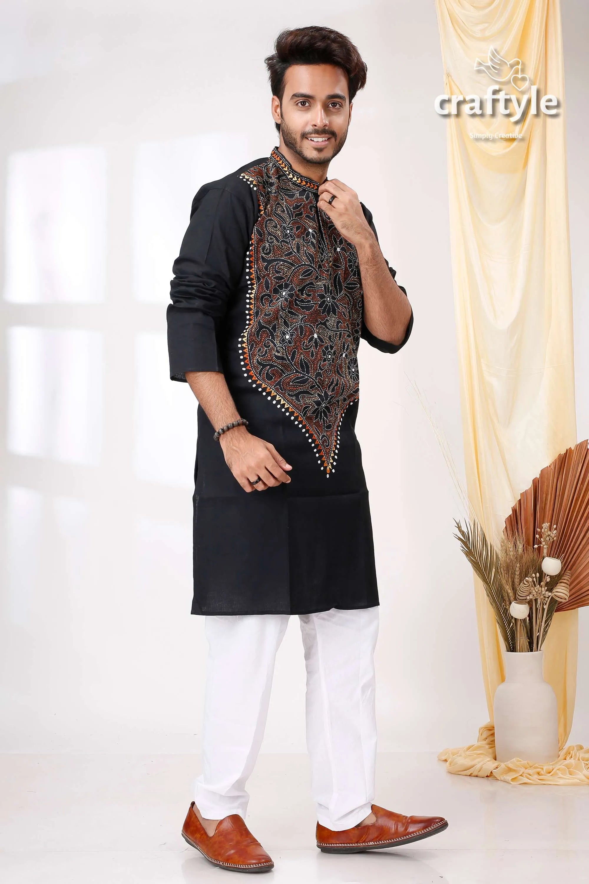 Black reverse thread kantha hand embroidered mens cotton kurta intricate brown 4