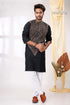 Black reverse thread kantha hand embroidered mens cotton kurta intricate paisley 1