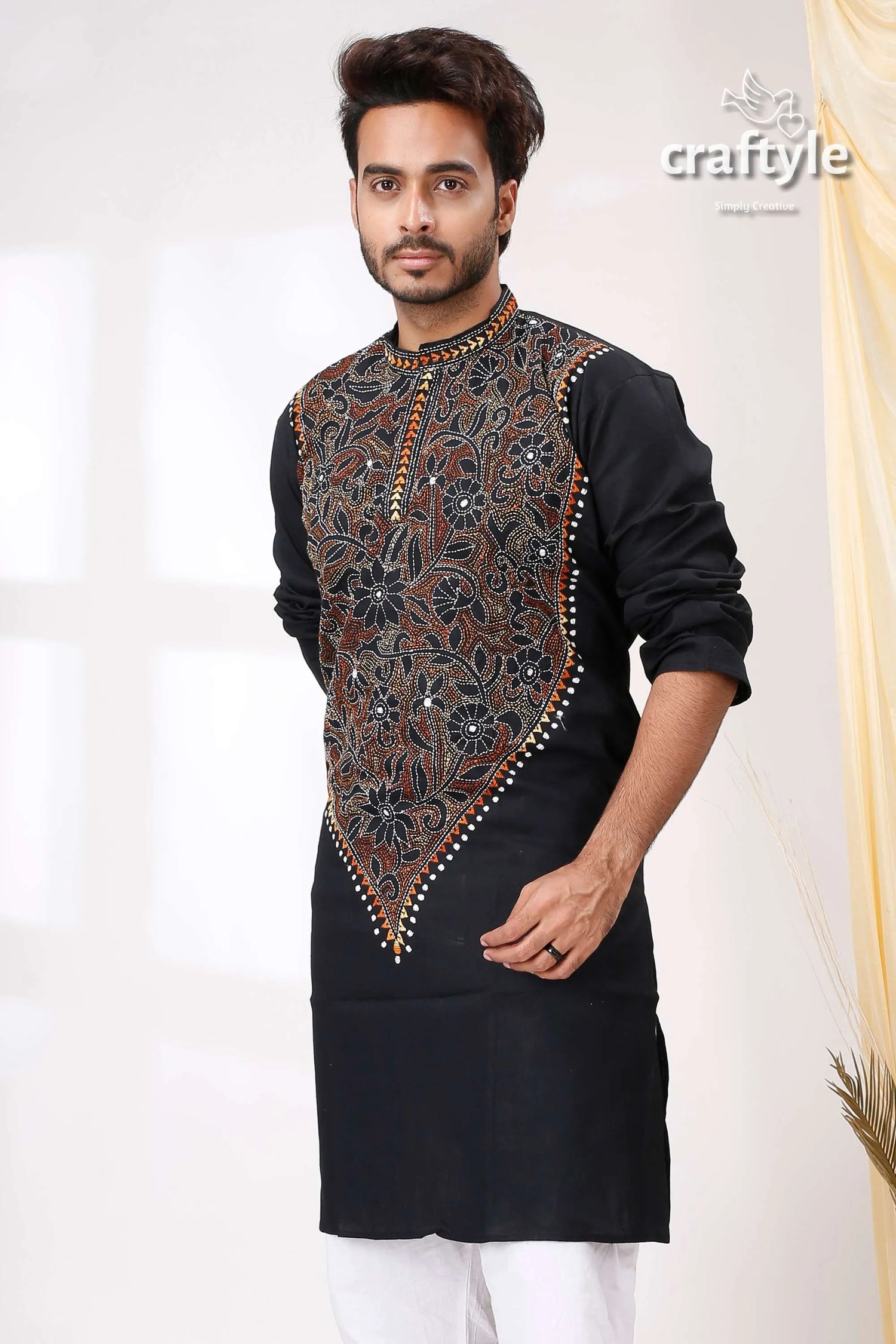 Black reverse thread kantha hand embroidered mens cotton kurta intricate floral embroidery 2