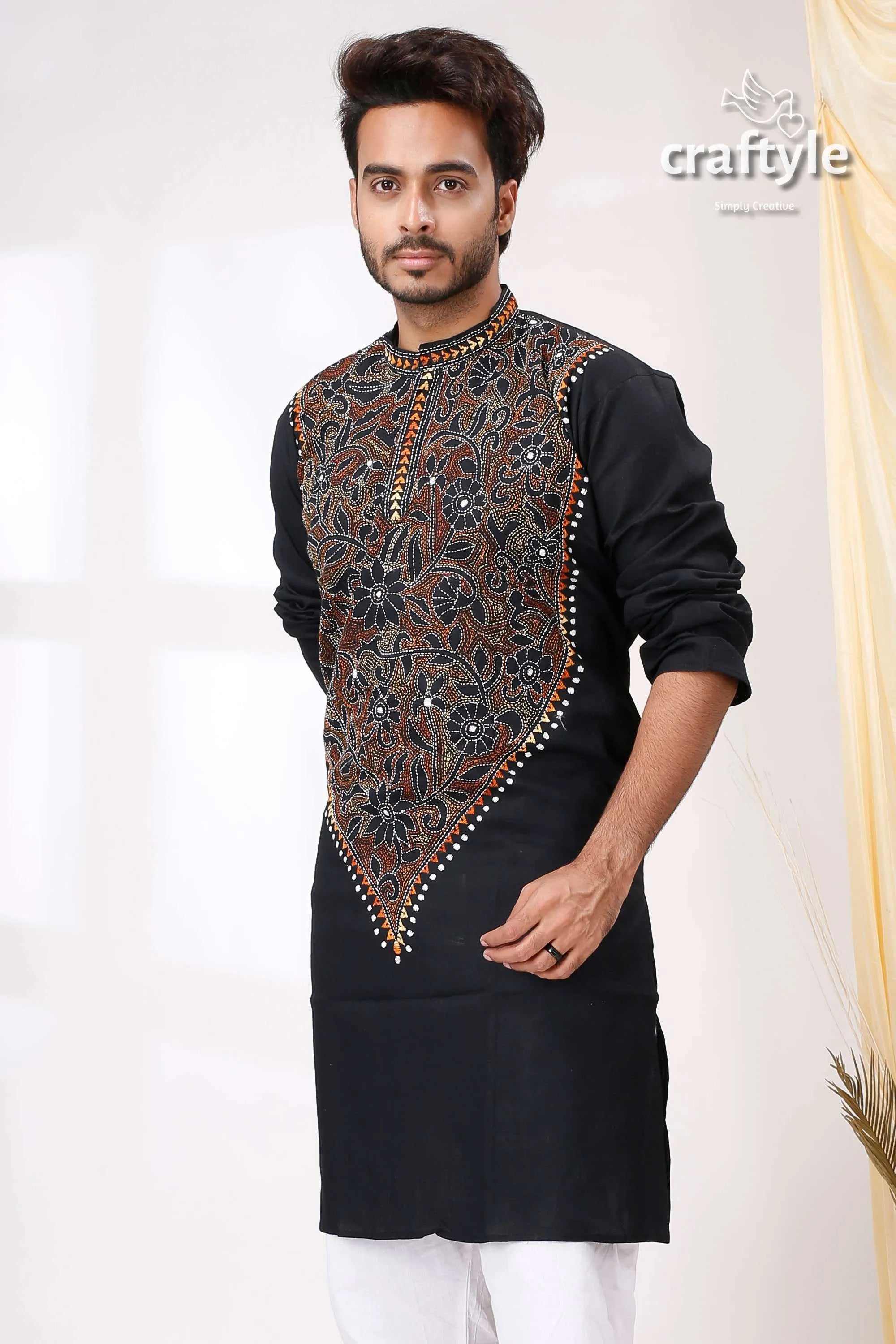 Black reverse thread kantha hand embroidered mens cotton kurta intricate floral embroidery 2