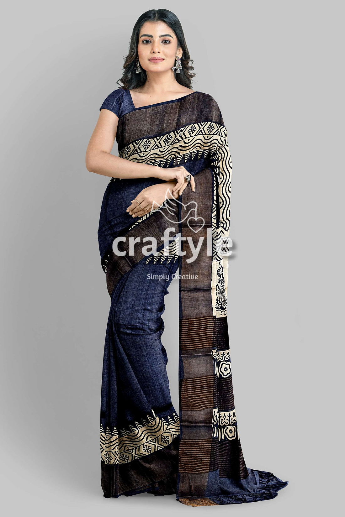 Black Rock Hand Block Print Zari Border Pure Tussar Saree - Craftyle