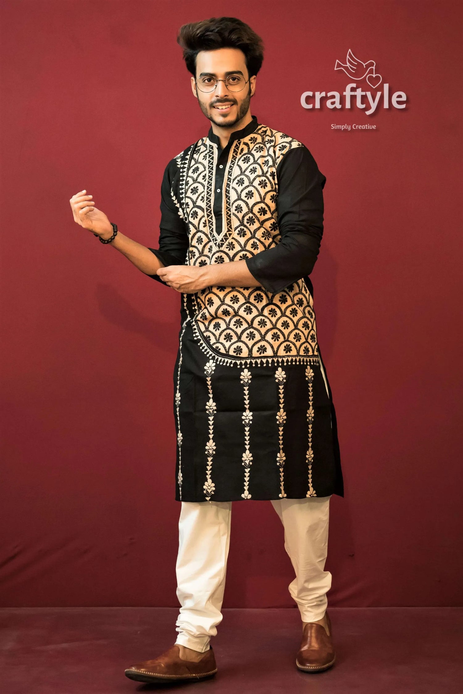 Black &amp; sandy brown kantha stitch cotton ethnic punjabi for men men’s beige embroidered kurta 3
