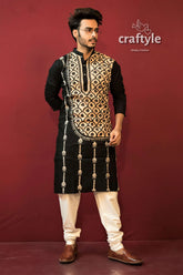 Black & sandy brown kantha stitch cotton ethnic punjabi for men men’s beige embroidered kurta 4