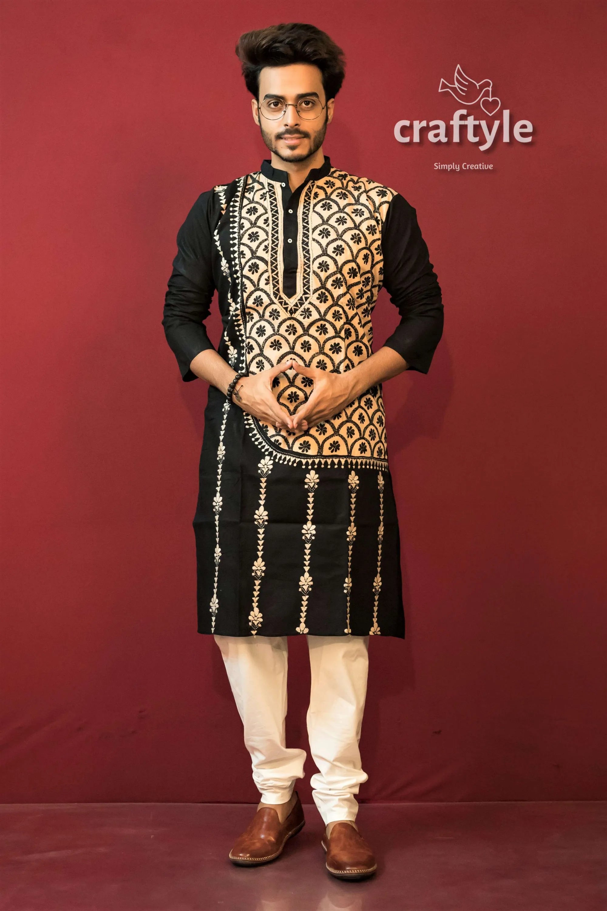 Black &amp; sandy brown kantha stitch cotton ethnic punjabi for men men’s beige embroidered kurta 5