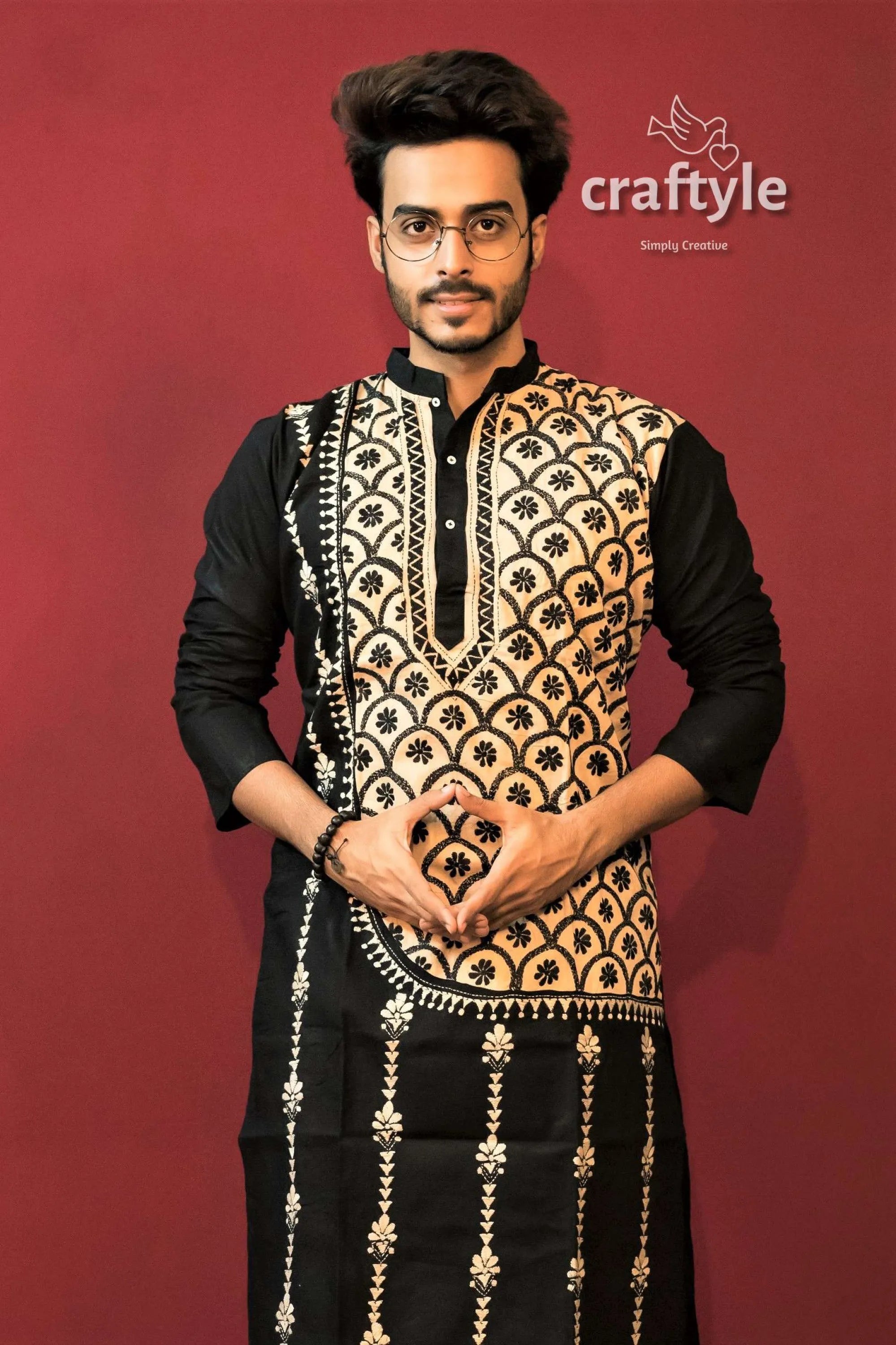 Black &amp; sandy brown kantha stitch cotton ethnic punjabi for men men’s embroidered kurta patterned 2