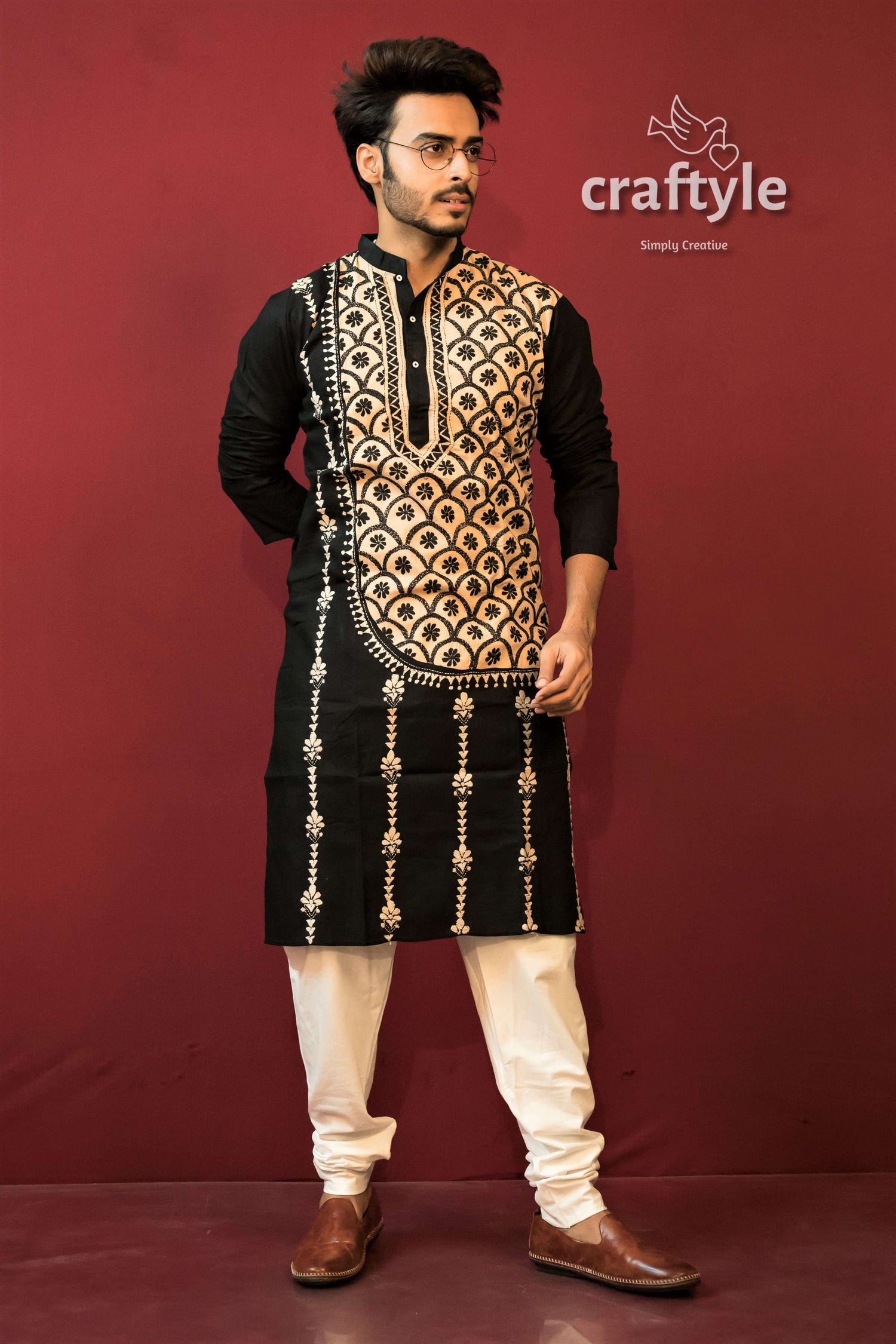 Black &amp; Sandy Brown Kantha Stitch Cotton Ethnic Punjabi for Men - Craftyle