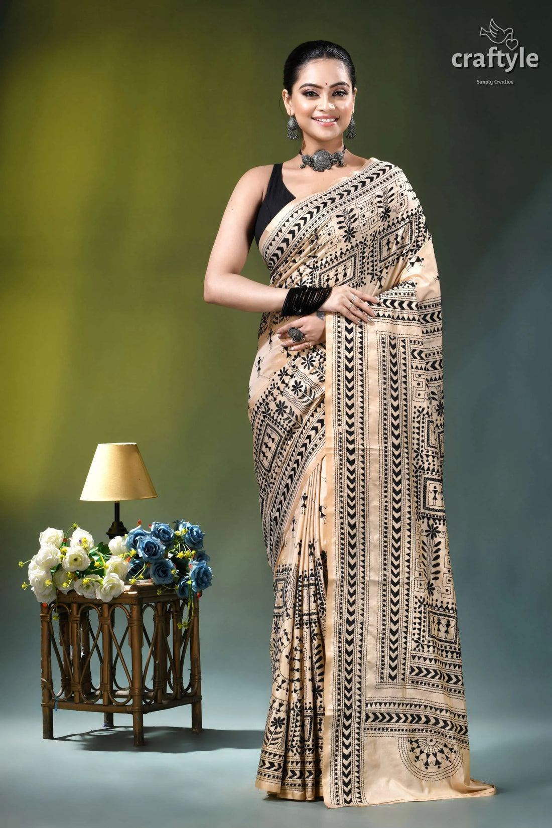 Black thread warli design silk kantha stitch saree in desert sand beige saree intricate black geometric 1